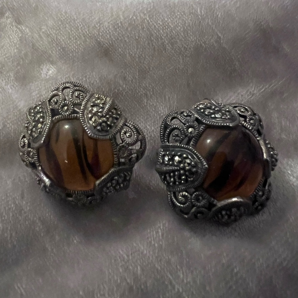 Sterling Silver Judith Jack Marcasite Black & Amber Stone Omega Back Earrings